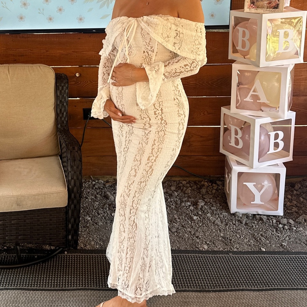 White Lace Off-Shoulder Maternity Dress